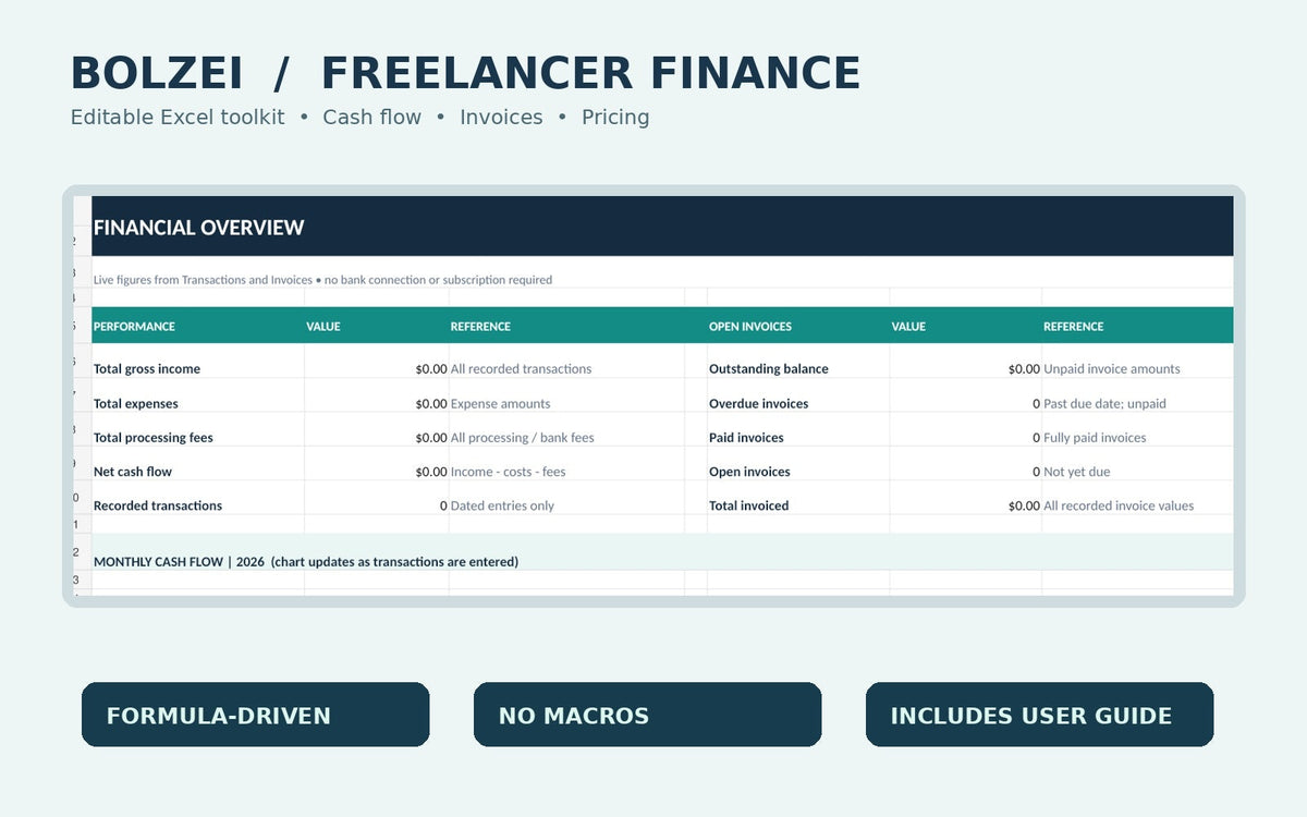 Bolzei Freelancer Finance Dashboard Excel workbook preview