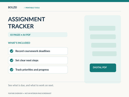 Bolzei Assignment Tracker feature overview with verified product inclusions; not an interior PDF screenshot