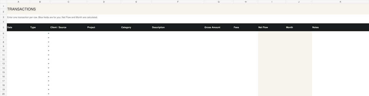 Actual workbook preview: transaction tracker with income, fees and calculated net flow