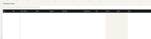 Actual workbook preview: transaction tracker with income, fees and calculated net flow