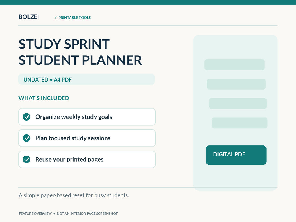 Bolzei Study Sprint feature overview with verified product inclusions; not an interior PDF screenshot
