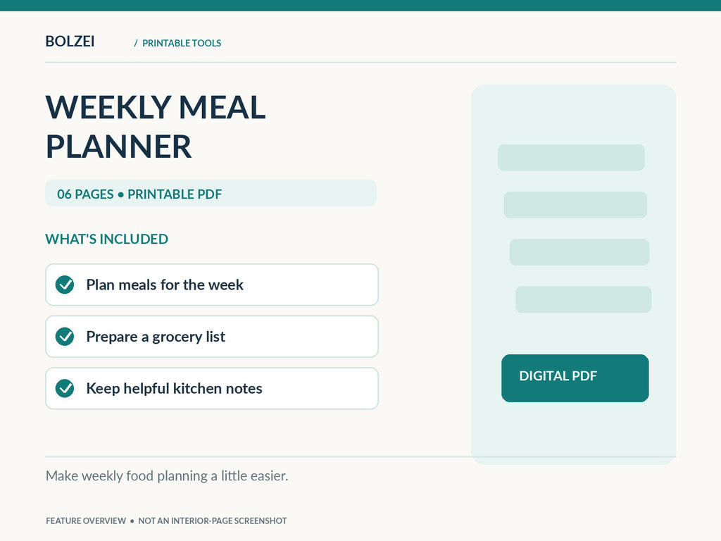 Bolzei Meal Planner feature overview with verified product inclusions; not an interior PDF screenshot