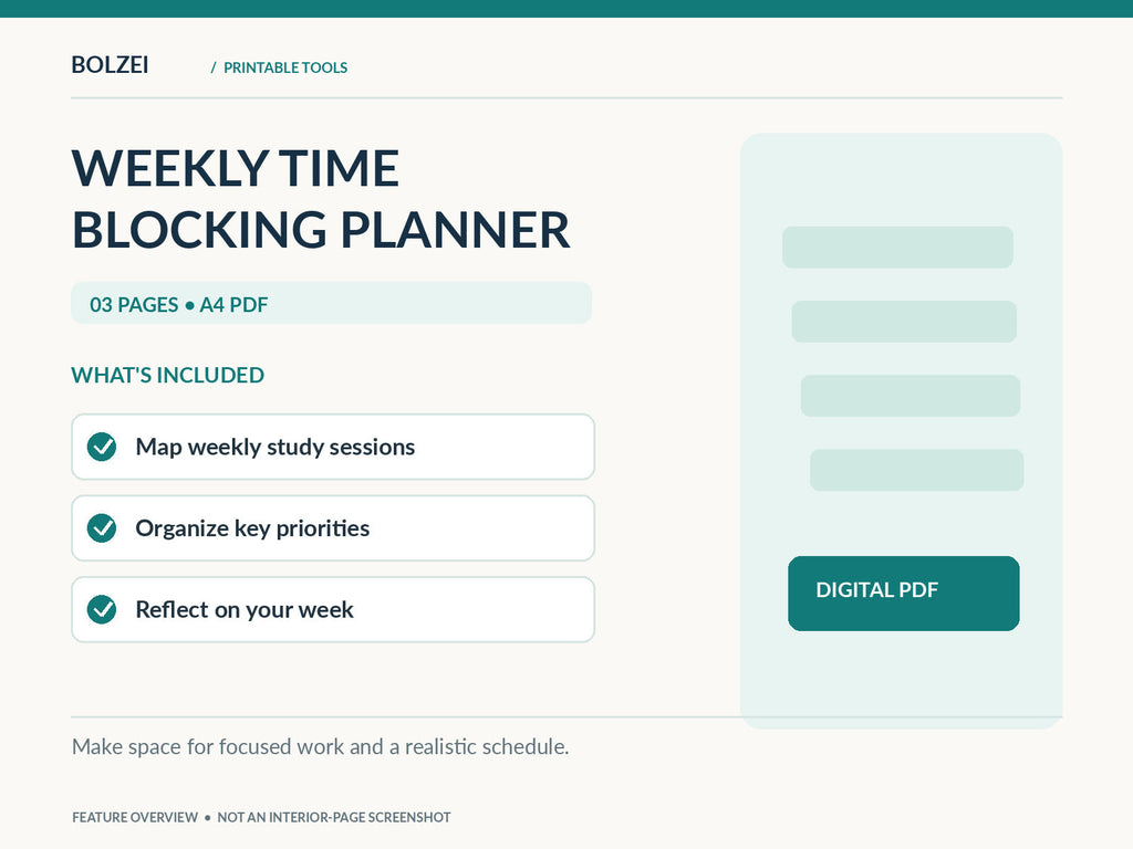 Bolzei Weekly Time Blocking feature overview with verified product inclusions; not an interior PDF screenshot