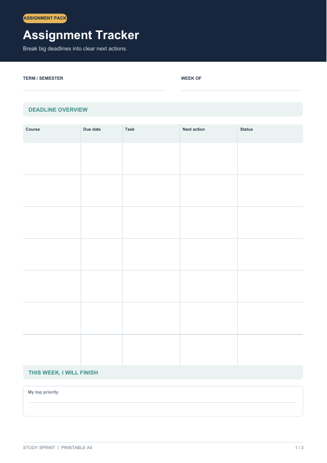 Student Assignment Tracker printable A4 preview