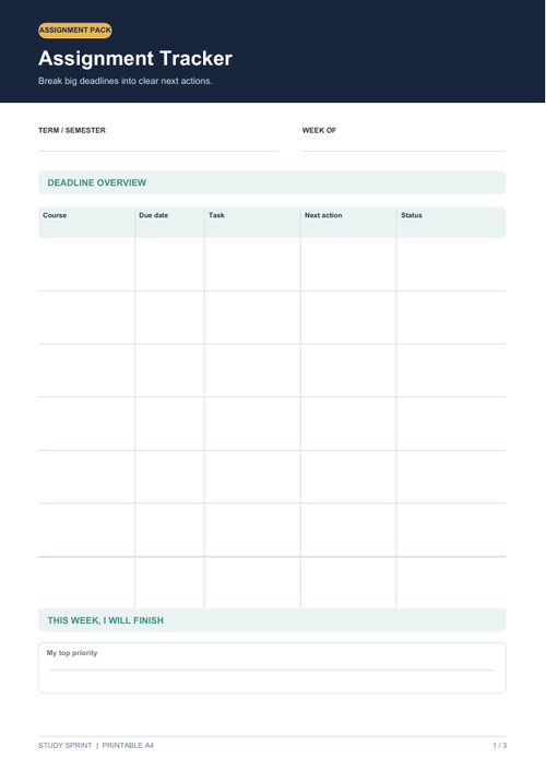 Student Assignment Tracker printable A4 preview