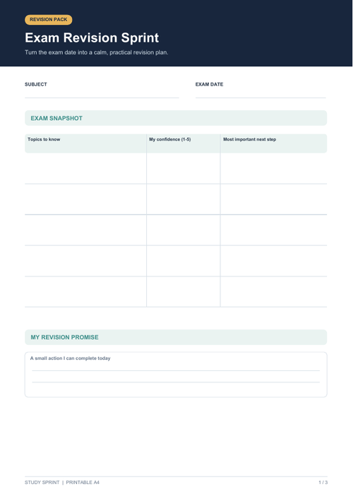 Exam Revision Sprint printable exam planner preview