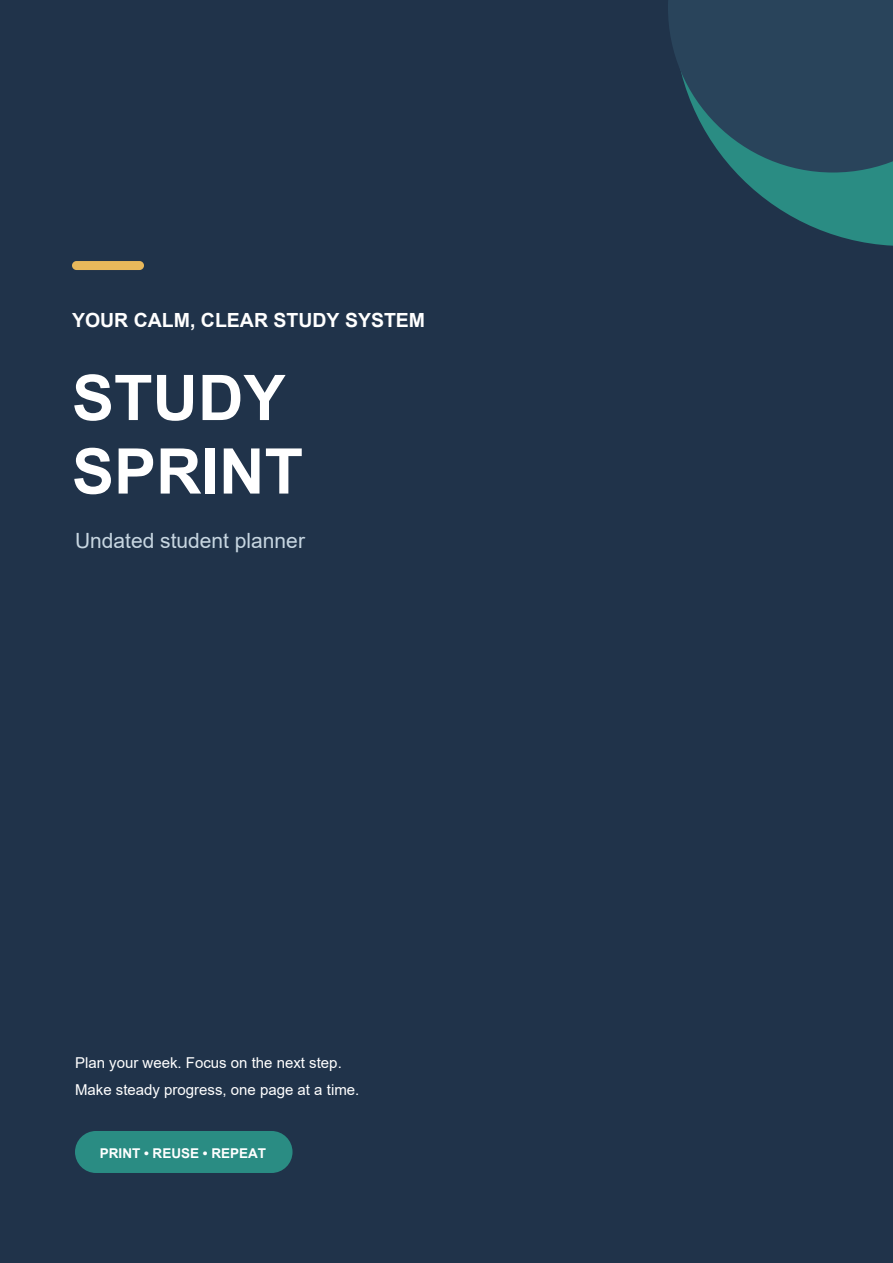 Study Sprint undated student planner printable PDF cover