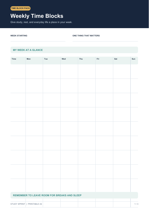 Weekly Time Blocks study planner preview
